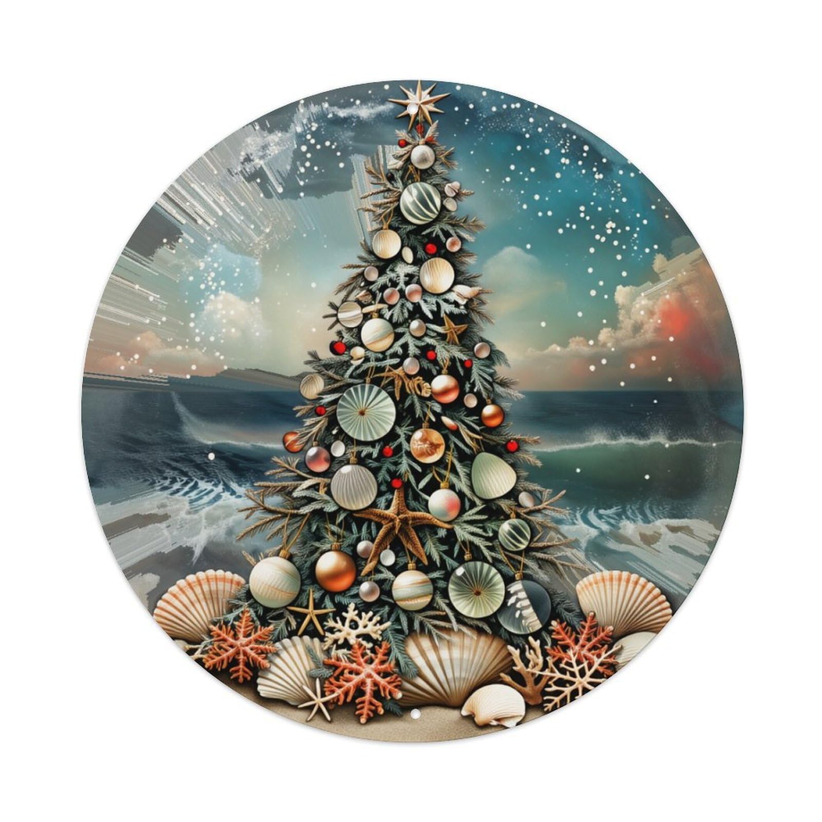 Christmas Tree Seashell Ocean Starfish Round Tin Sign Retro Metal Sign for Cafe Bar Pub Home Game Room Gym Club Wall Decoration Vintage Metal Poster 8x8 Inch