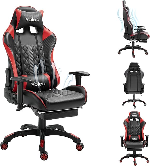Dripex Gaming Chair Ergonomic Home Office Desk Chairs Adjustable High Back Swivel PU Leather Racing Computer Desk Chair with Lumbar Support and Headrest (Red, with footrest)