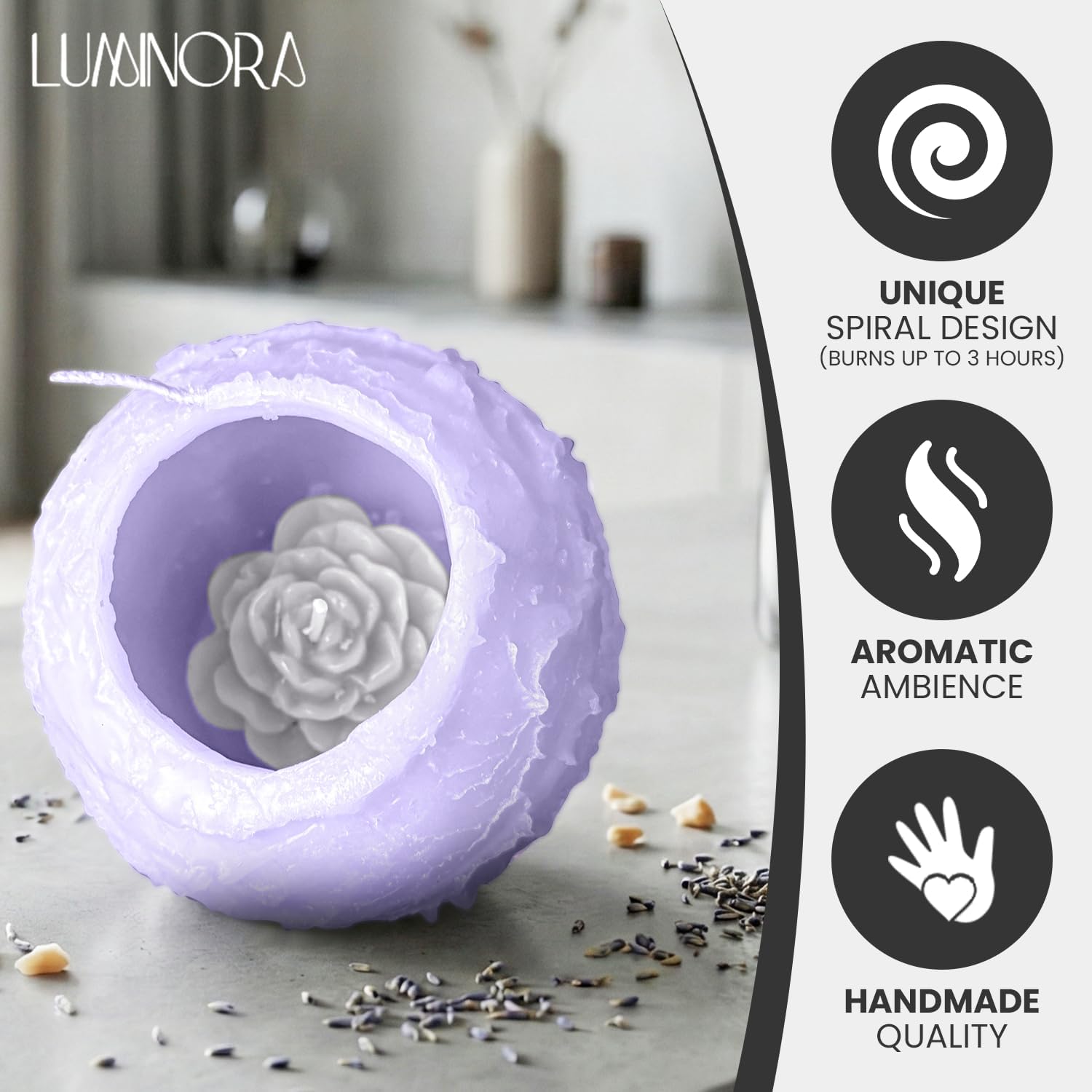LUMINORA Spiral Scented Candle for Women & Men | Hand-Crafted Decorative Soy Wax Candle | Decor Wick Flower | Unique Twisted Spiral Burn Design | Aromatherapy Candle | Languid | (Lavender Scent)