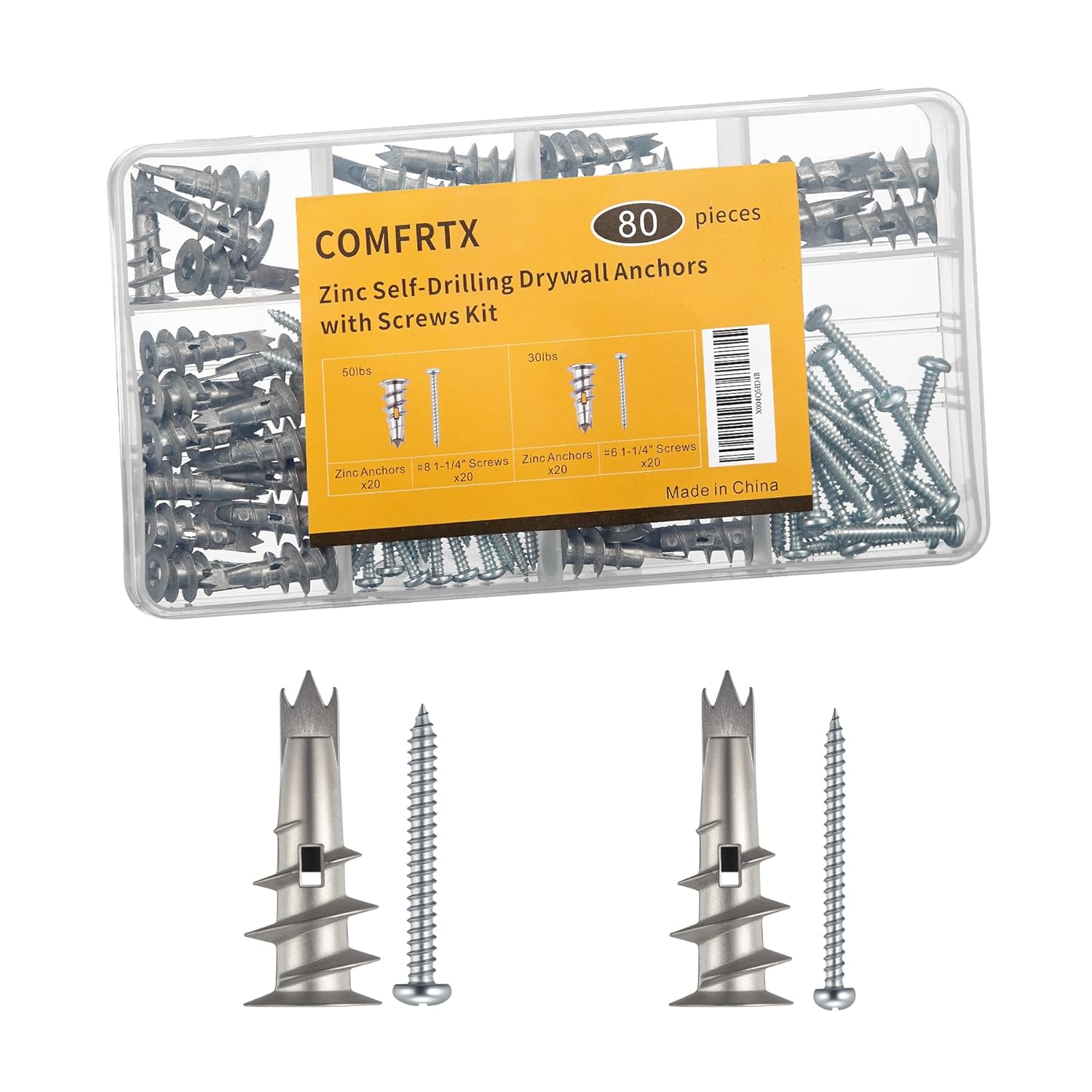 COMFRTX 80 Pack Zinc Metal Drywall Anchors (2 Sizes #6/#8 Screws) Self-Drilling Heavy Duty No Pre-Drill Strong Hold Easy Install