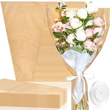 Jutieuo 50 Pcs Flower Bags for Bouquet, Flower Wrapping Kraft Paper Floral Sleeve Bouquet Bags with Ribbons for Florist Supplies Wedding Birthday Mothers Day, 14x22 Inches