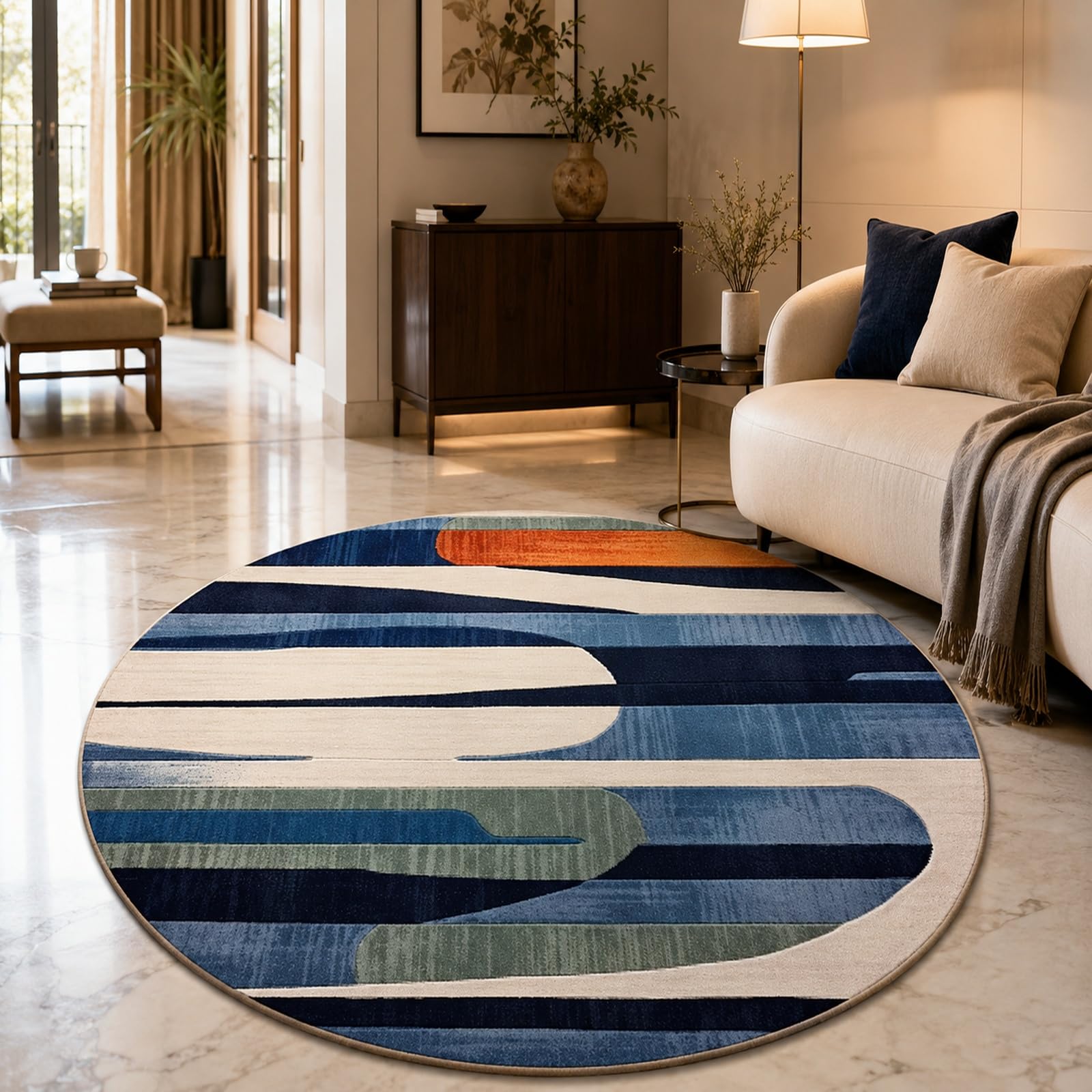 Tapis rond abstrait bleu et beige 180 cm pour deco chambre adulte