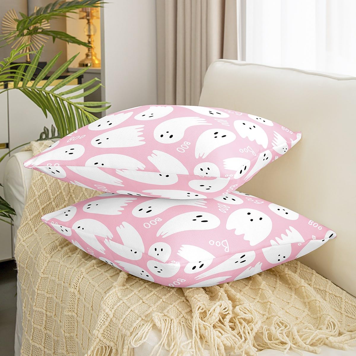 2 Federe Per Cuscino Halloween Fantasmi 45x45 Cm | Copricuscino Decorativo Con Cerniera | Biancheria Da Letto A Tema