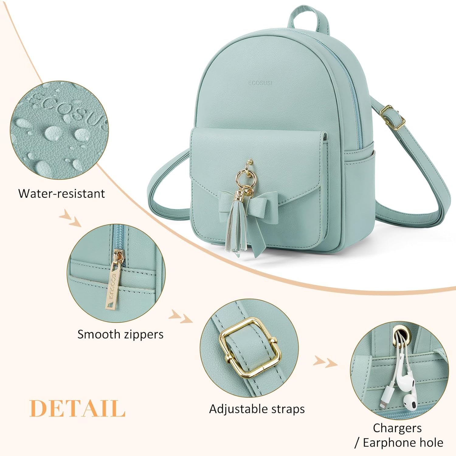 ECOSUSI Mini Backpack for Women Girls Cute Bowknot Small Backpack Purse Ladies Leather Bookbag Satchel Bag, with Charm Tassel Green - Image 5