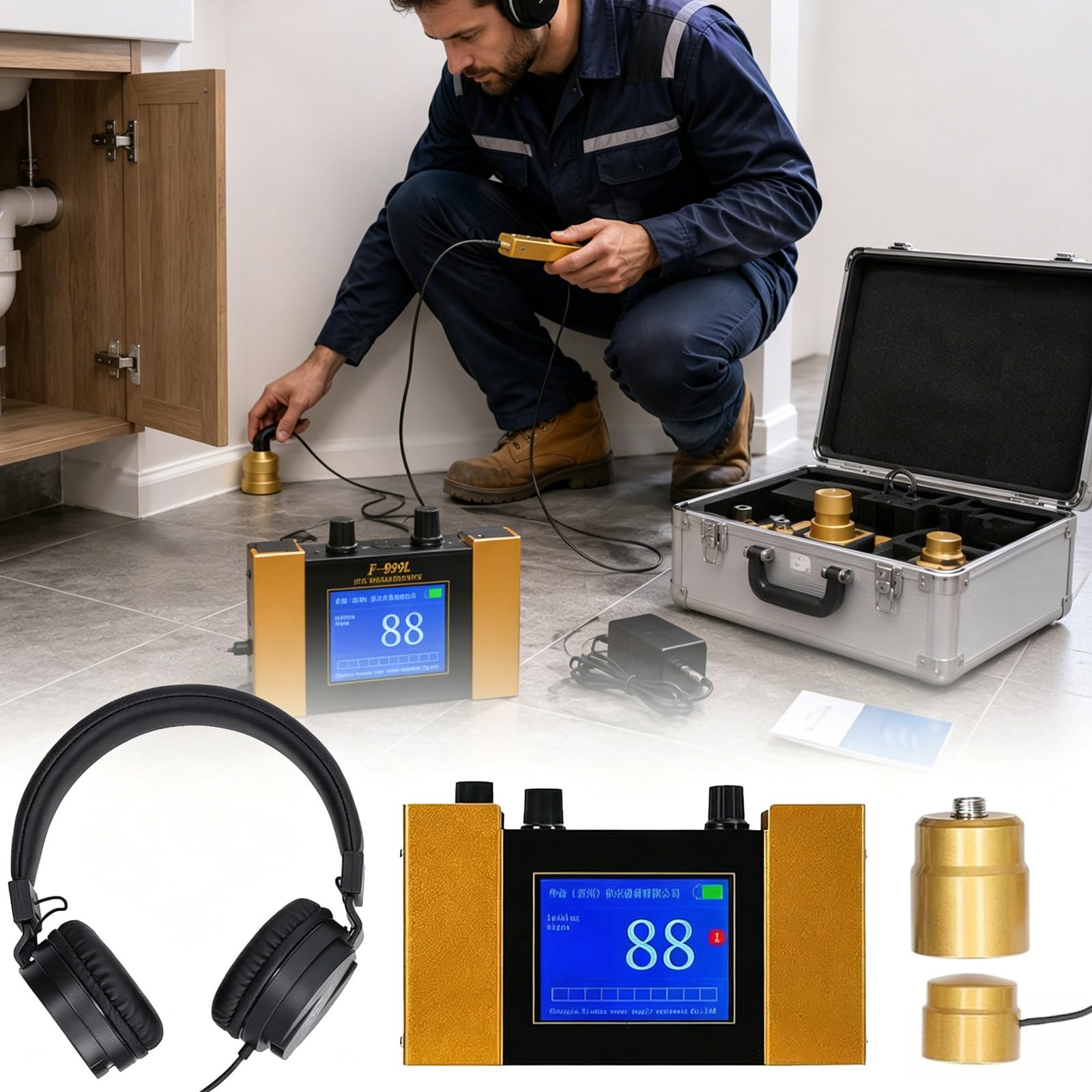 Detector De Fugas De Agua para Tuberías, Sensor Geófono De Fugas De Agua, 4 Niveles De Frecuencia, Pantalla LCD Y Auriculares, Inspección De Fontanería Doméstica