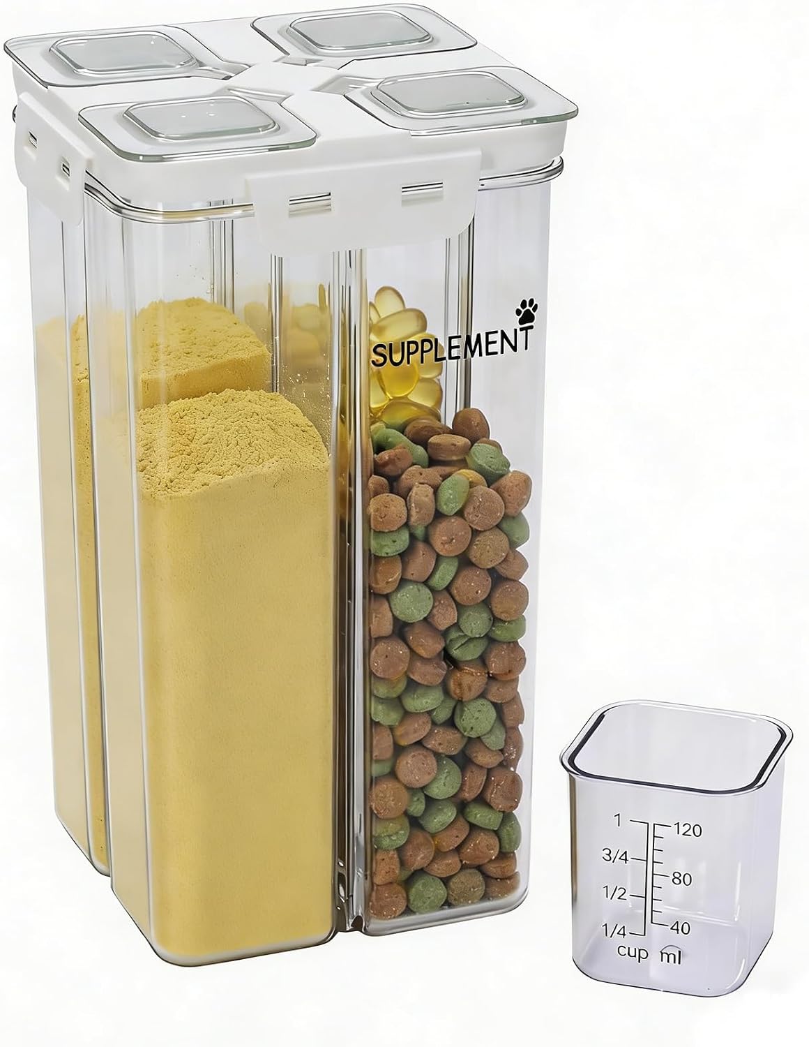Morezi Pet Food Storage Containers for Dog Cat Birds Breeds 3L Airtight Containers Dry Food Treats Four Compartments Freestyle in Kitchen Countertop