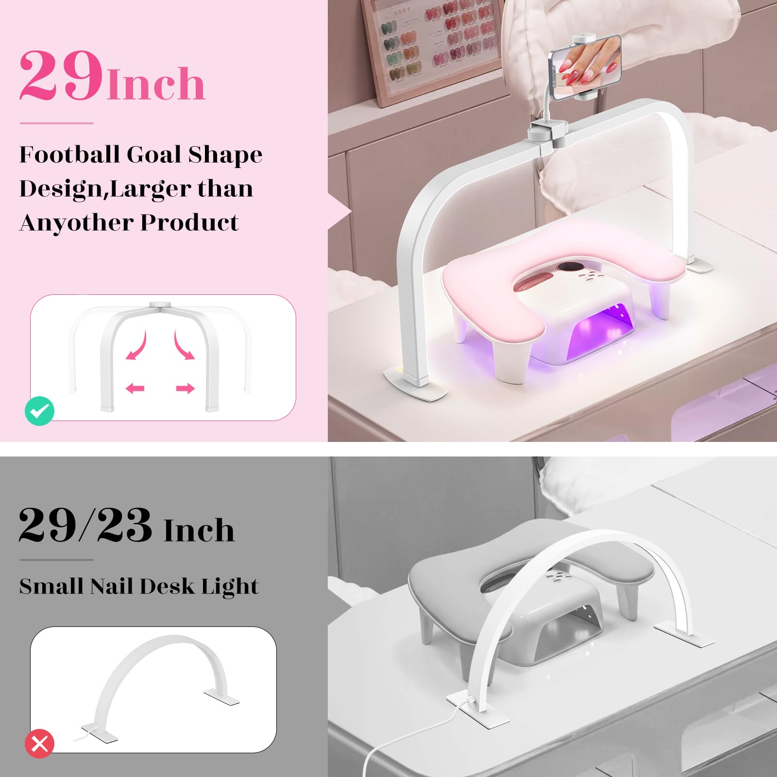 LIONVISON Lampa Stołowa do Manicure: 29-calowa Składana Lampa Stołowa do Paznokci ze Stojakiem na Smartfona - Lampa do Paznokci do Domowego Studia