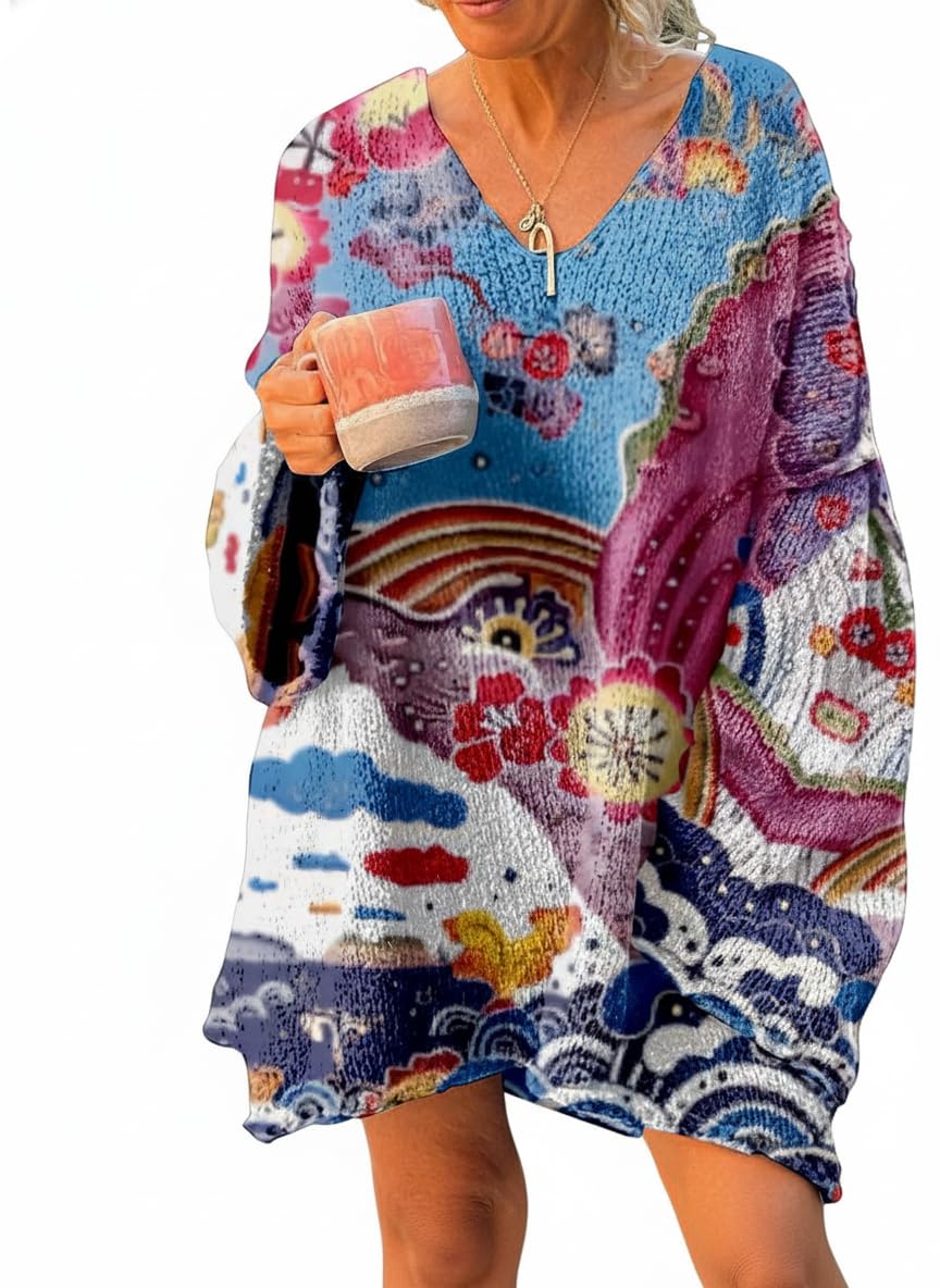Womens Boho Floral Print V-Neck Sweater Long Sleeve Oversized Ethnic Colorful Patterns Knitted Pullover for Women