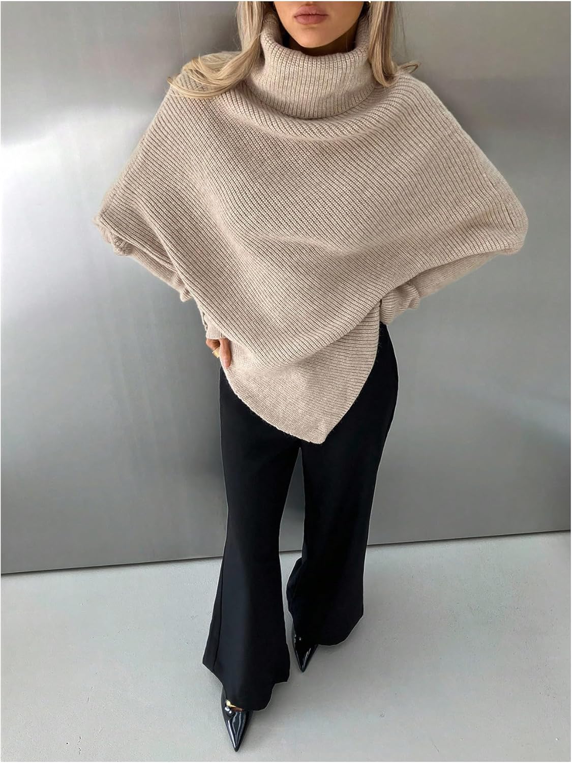 Milumia Women's Turtleneck Asymmetrical Poncho Sweater Dolman Long Sleeve Oversized Knit Tops - Image 5