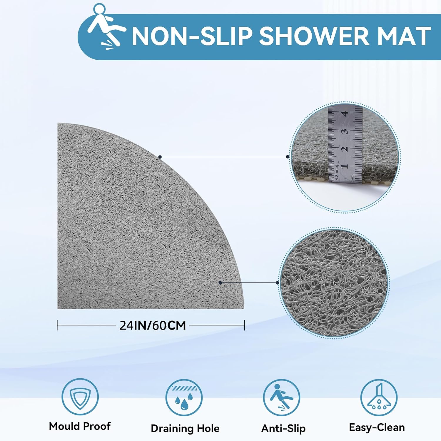 Non-Slip Corner Shower Mats for Inside Shower, Quick Dry Triangle Shower Mat, Small Bath Mat with Drainage Holes for Adult, Kids (White, 24''X24'')