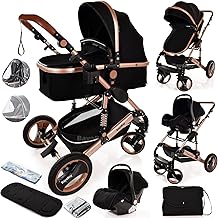 Baby Stroller 3 in 1 Pram Pushchair Buggy Child Lightweight Folding Stroller 3 in 1 Travel System Pram for Newborns Toddlers from Birth Aluminium (Black - Rose Gold Frame)