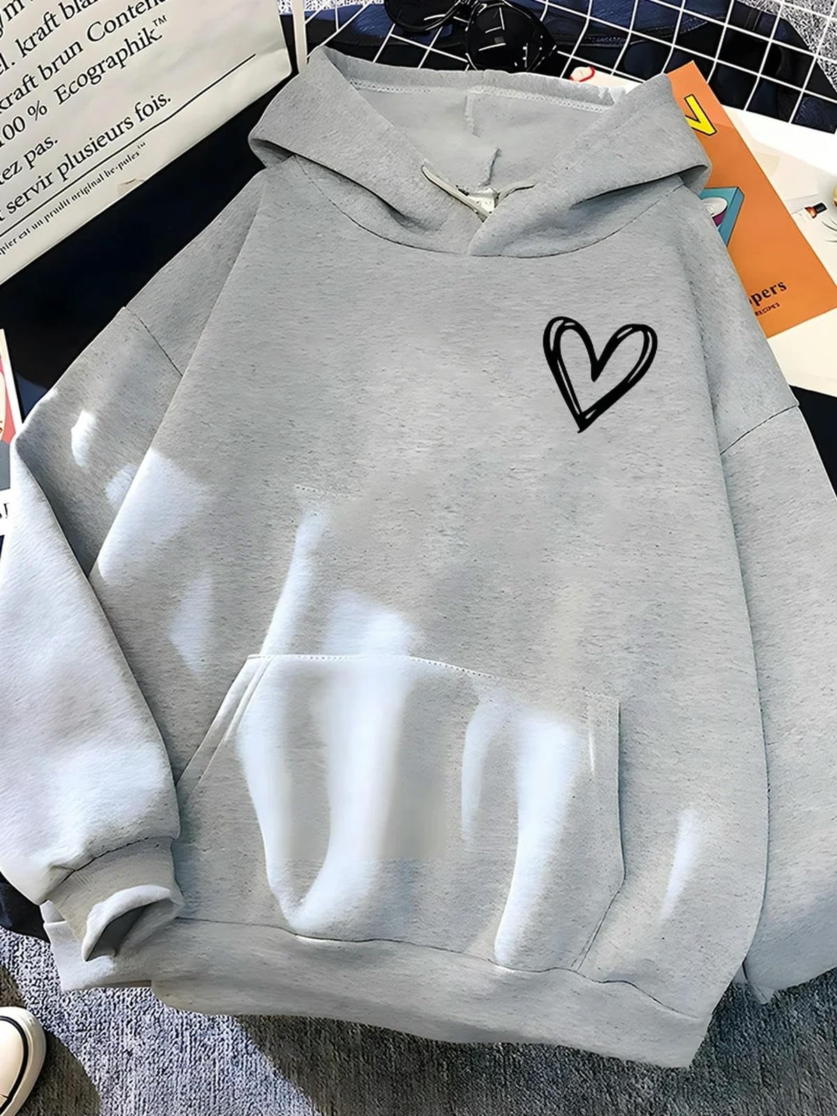 bluzy z kapturem proste serce nadruk damska bluza miękka na co dzień luźna damska bluza z kapturem zimowe ciepłe topy studenckie-czarne-L