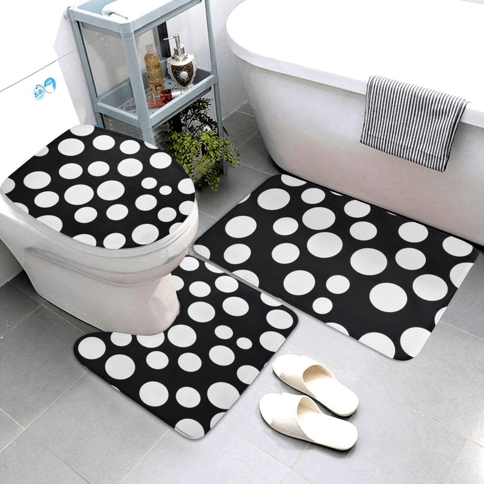 Lot de 3 tapis de bain antidérapants et absorbants en flanelle avec motif à pois noirs et blancs