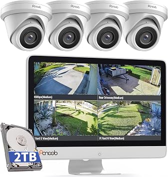 PoE 4K 8 Channel Security Camera System Built-in 15.6" Monitor, with 8MP H.265 UHD NVR 2TB HDD, 4pcs IR Dome Wired 5MP IP Camera IP67, AI Human Vehicle Detection, PD93AM04-5M
