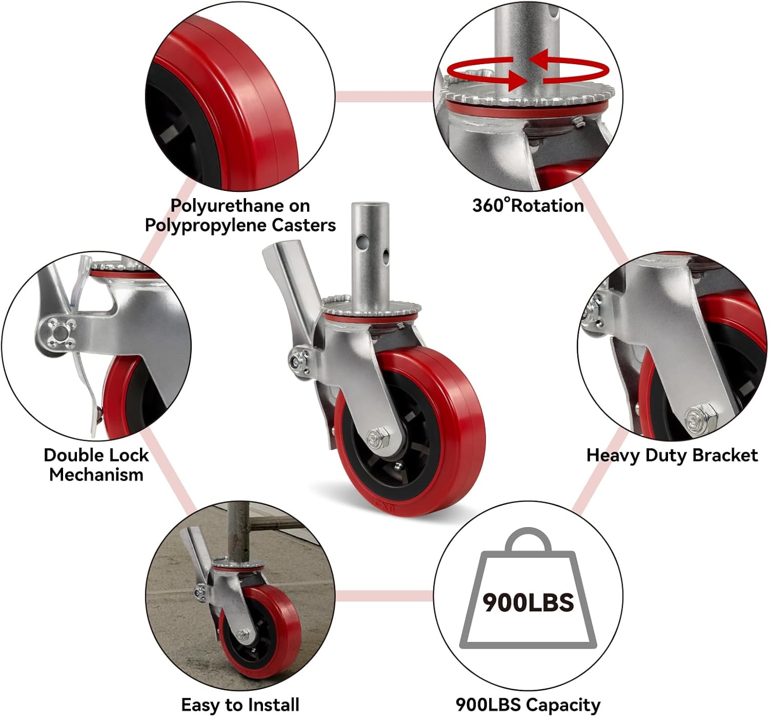 6"x2" Scaffolding Wheels, Polyurethane on Polypropylene Casters Stem Casters Wheels- Dual Locking Swivel Caster 360 Degrees Industrial Casters 900LBS Capacity Per Wheel (1 Brake)