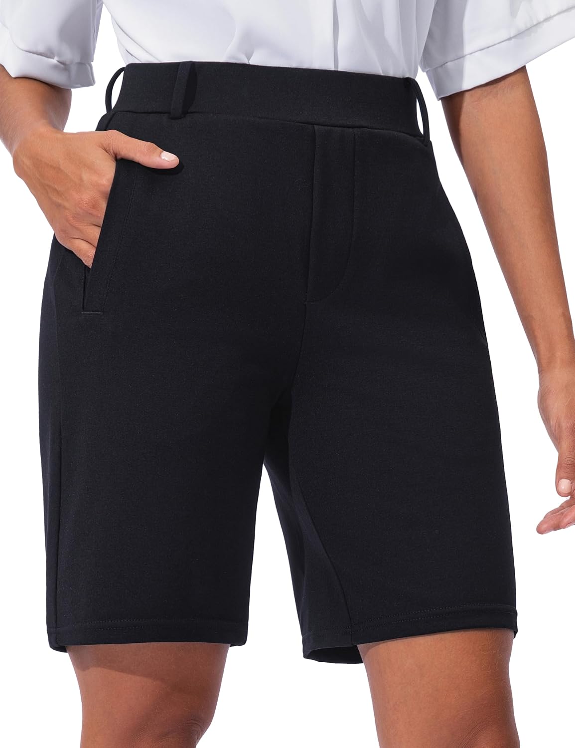 VOOVEEYA Women's Bermuda Shorts 8", High Waisted Casual Dress Shorts with Pockets Stretchy Work Long Shorts
