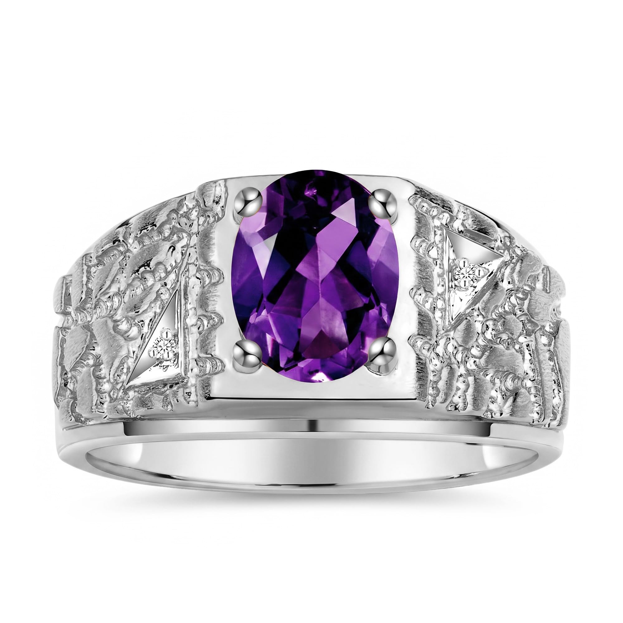 Rylos Men's Rings Designer Nugget Ring: Oval 9X7MM Gemstone &amp; Sparkling Diamonds - Color Stone Birthstone Rings for Men, Sterling Silver Rings in Sizes 8-13. Mens Jewelry