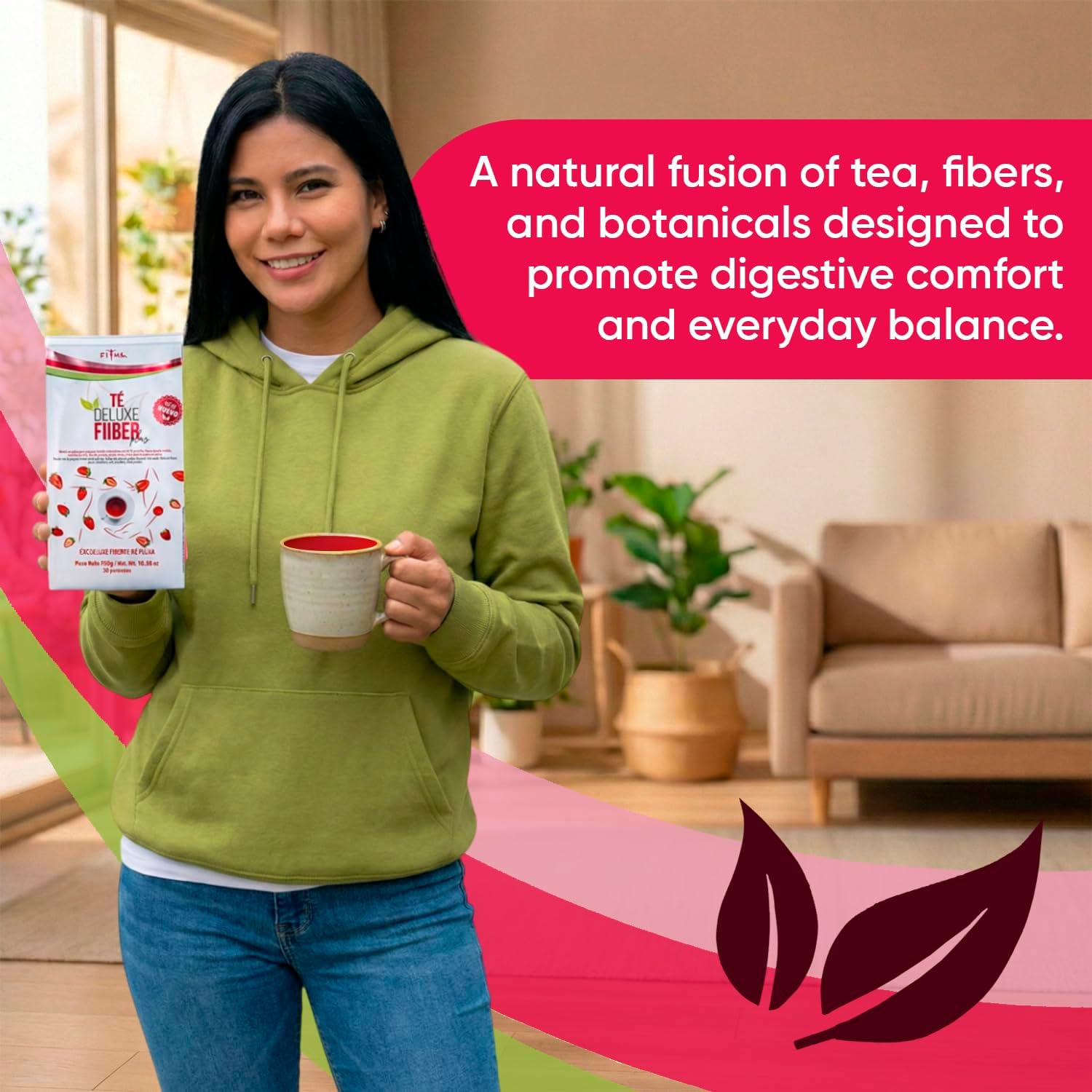 Te Deluxe Fiber Plus Digestive Support Tea Blend with Yellow Tea, Flaxseed, Chia & Aloe Vera, Natural Fiber & Herbal Infusion with Strawberry, BlackBerry & Beetroot, Stevia Sweetened - 30 Servings