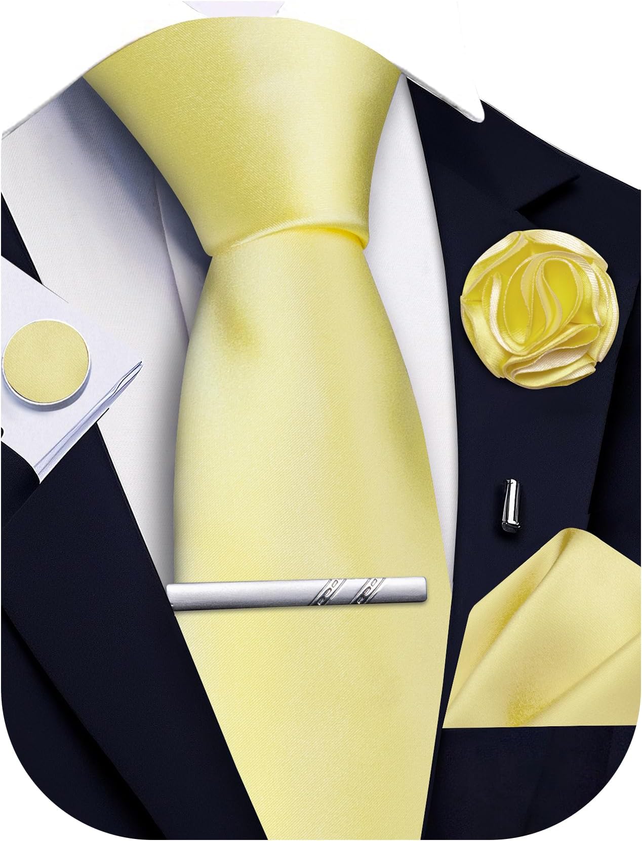 Solid Color Ties for Men Silk Satin Necktie and Pocket Square Cufflinks Tie Clip Lapel Pin Set Wedding Business 5PCS