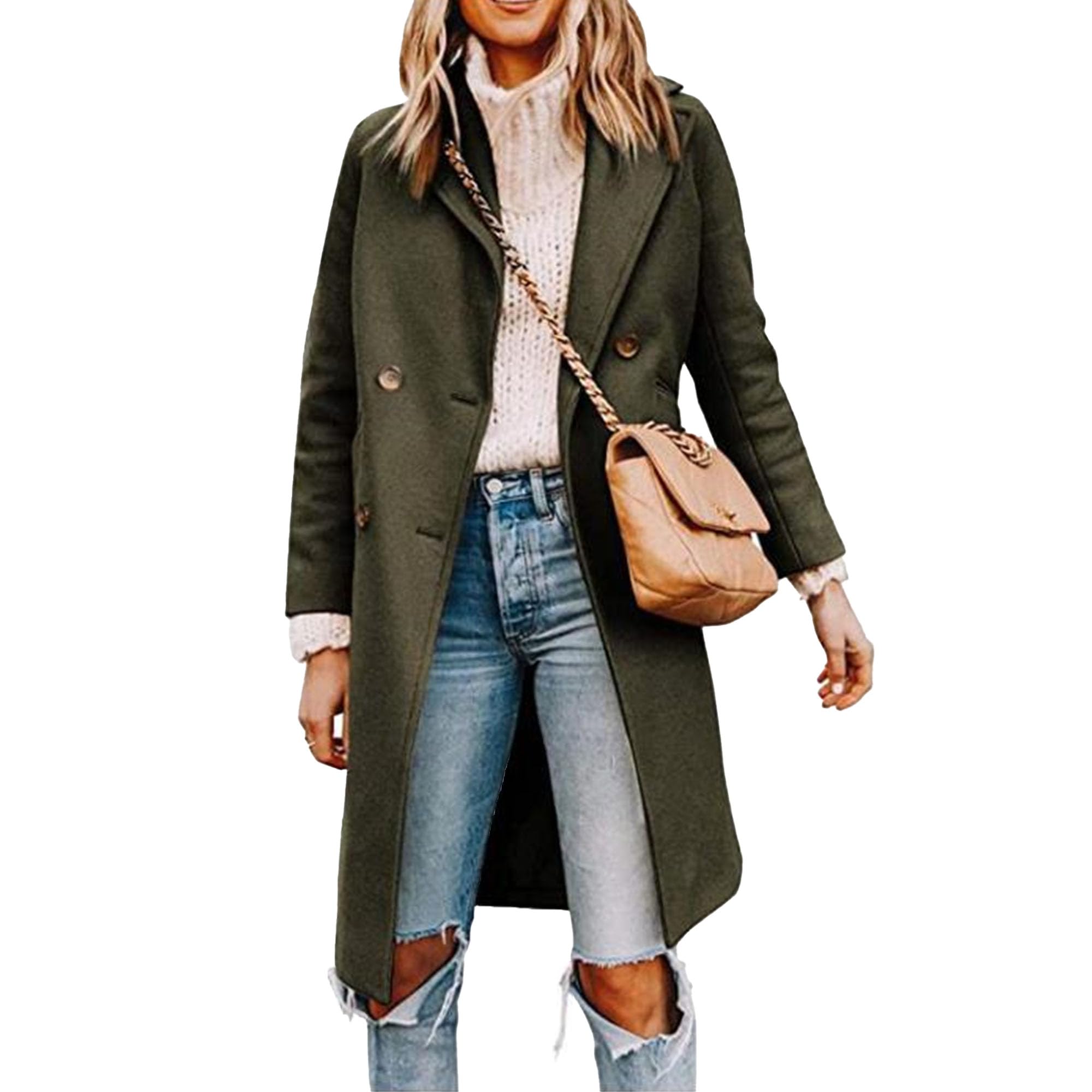 Maiyifu-GJ Womens Notched Lapel Mid Long Trench Coat Double Breasted Wool Blend Coat Winter Casual Long Jackets