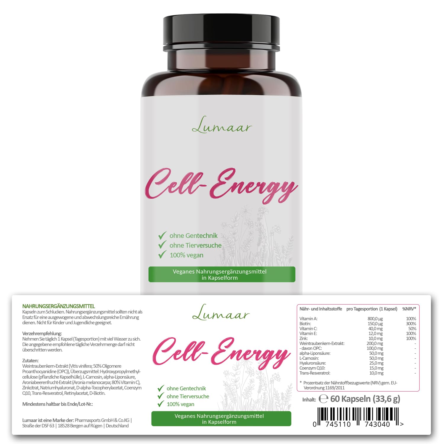 Cell-Energy Kapseln mit Resveratrol + Carnosin + Q10 + Biotin + OPC + Zink usw