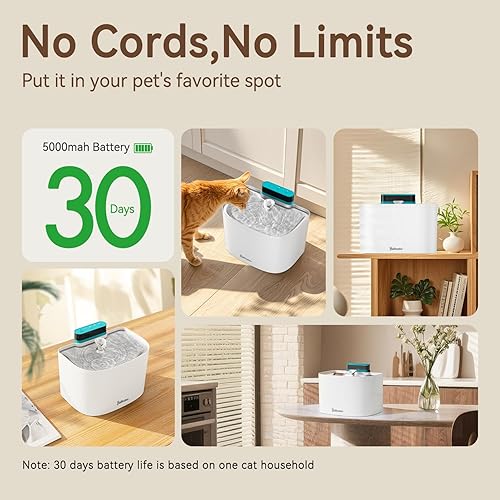 Miniatura 2 de Fuente de agua para gatos, fuente de agua sin bombeo de 122 oz3.6 L, fuente de agua inalámbrica para gatos en interiores, fuente de agua para perros