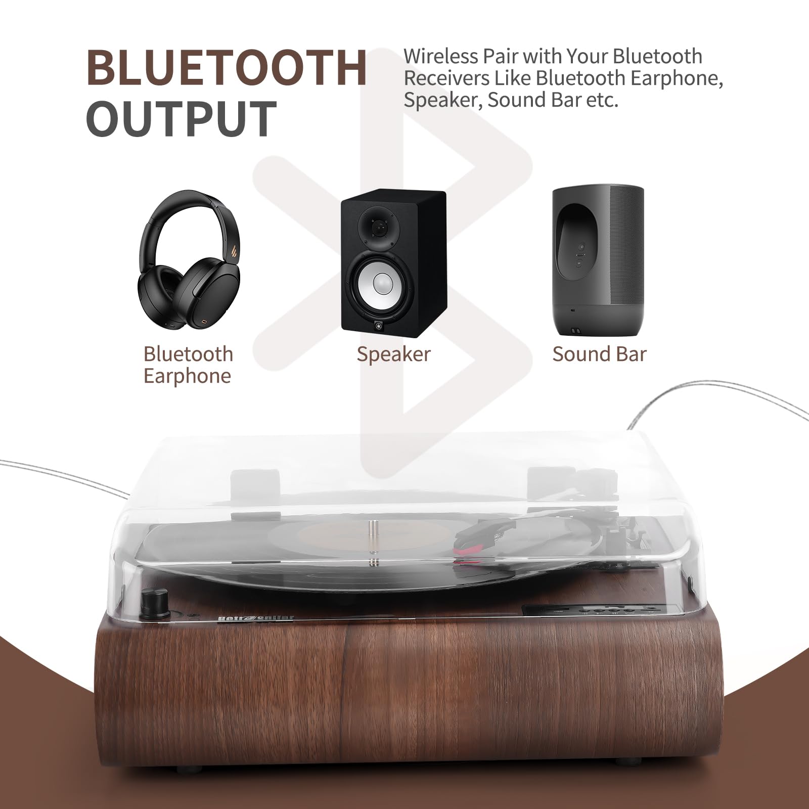 Lettore di dischi, giradischi Bluetooth a 3 velocità con altoparlanti integrati, radio FM, codifica Vinyl-MP3, riproduzione USB e SD, schermo LED, lettore di LP retrò in legno