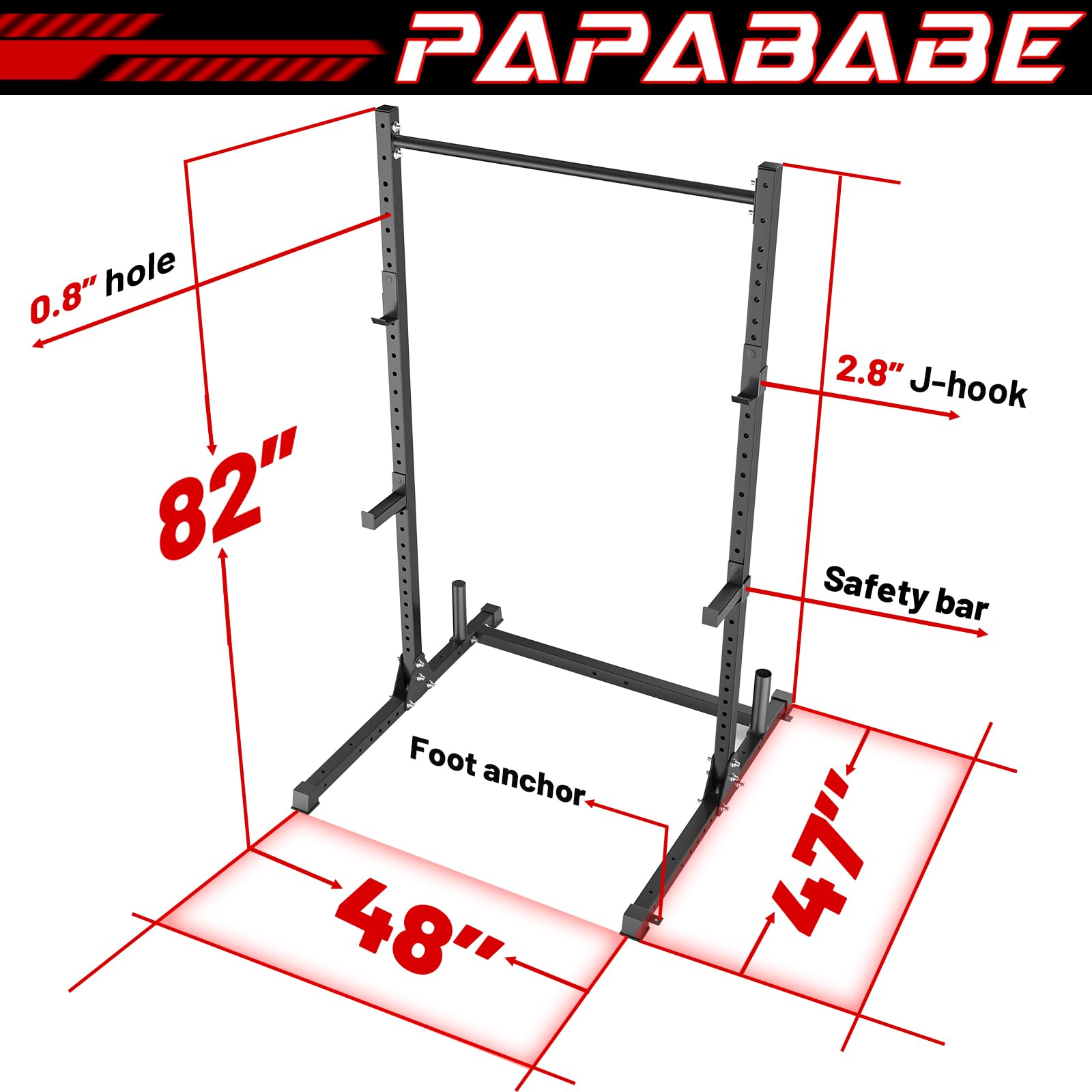 papababe Squat Rack with Pull Up Bar, Multi-Functional Power Rack with J-Hooks and Safety Arms, Workout Rack with Plate Stake and Barbell Storage for Home and Garage Gym