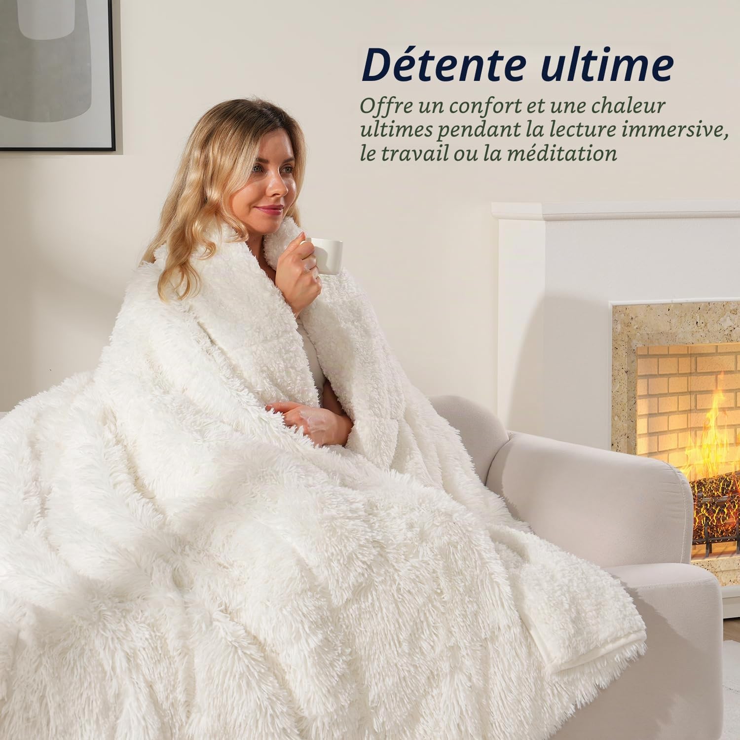 Wemore Couverture lestée à Poils Longs en Fausse Fourrure à Poils Longs, Confortable et Moelleuse pour Adulte, 6,8 kg, Couverture Lourde en Sherpa pour lit ou canapé, Blanc crème, 122 x 183 cm