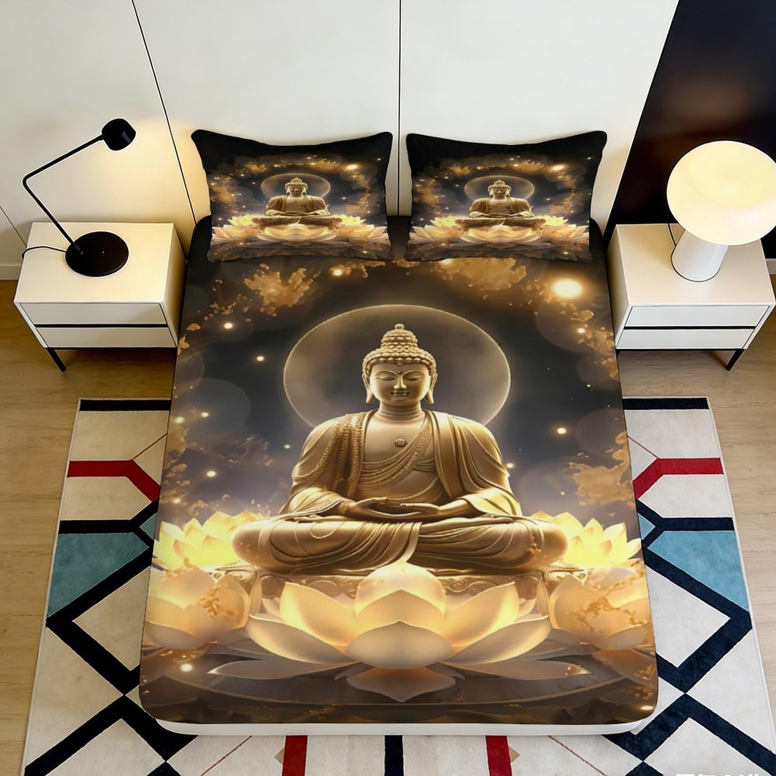 Dhbaneiok Style-7 3D Printed Golden Buddha Fitted Sheet Microfiber Non Slip Spiritual Lotus Bed Cover Bedroom Decor 90X200x25cm