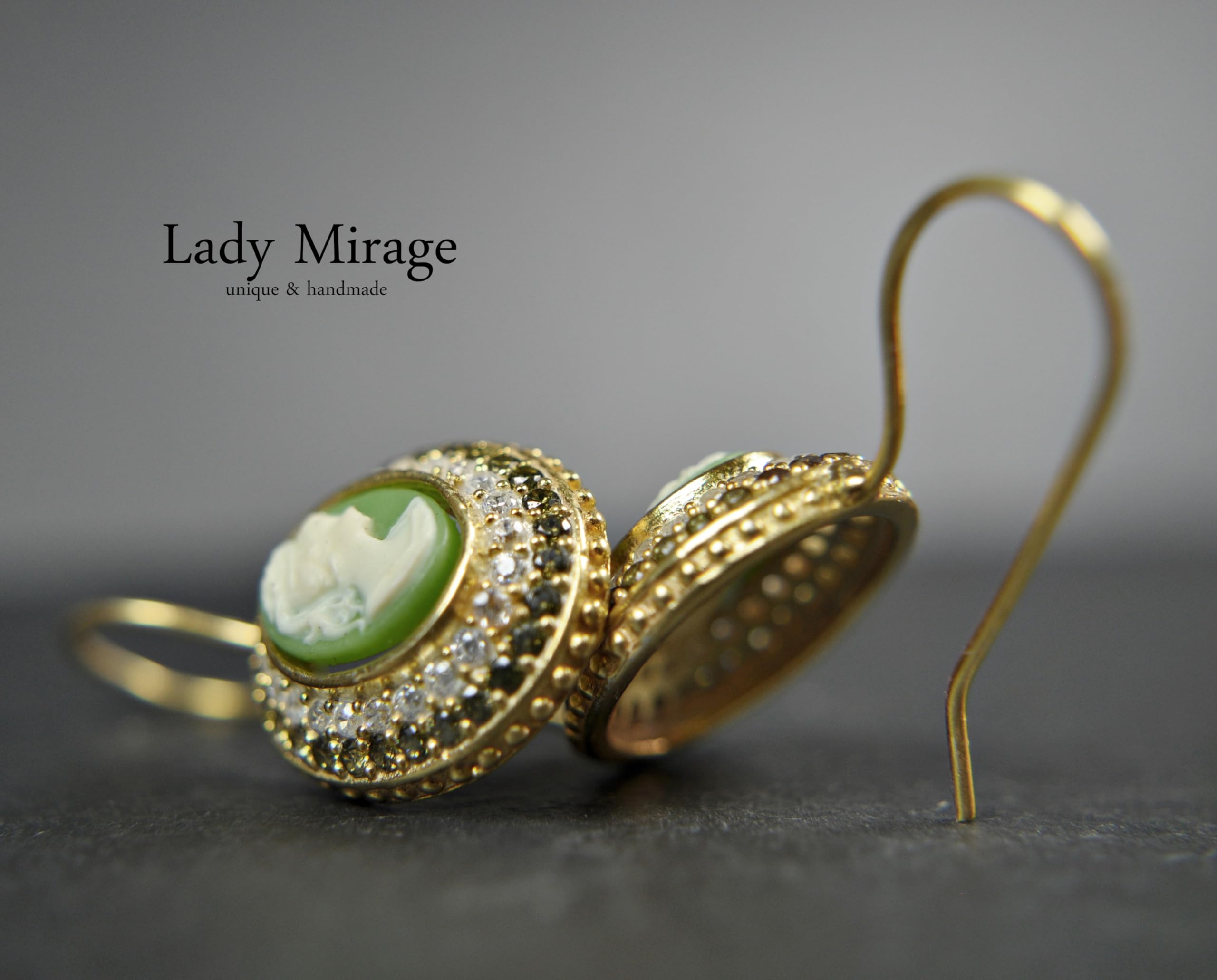 925 Silber Ohrhänger - Hängend - 14k Vergoldet - Lady Kamee - Vintage - Kamee - Antik - Zirkonia - Gemme - Jugendstil - Geschenk für Frauen - Geburtstagsgeschenk - Schmuck-Geschenk
