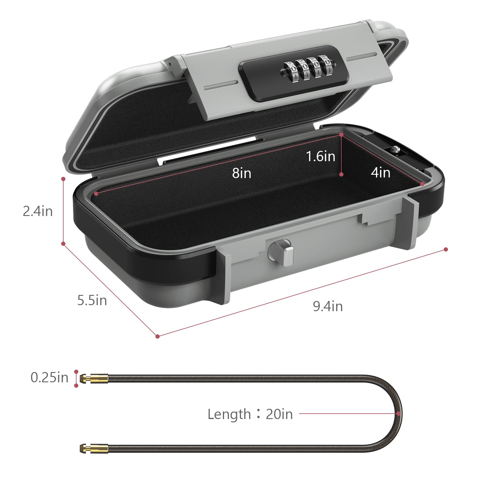 LOFICOPER Tragbare Safe Box, 4-stellige Zahlenkombination Sicherheitskoffer, wasserdichte Reiseschlossbox, Kleiner Strandsafe mit Abnehmbarer Kette, für Sport, Reisen, Zuhause, Büro, Grau