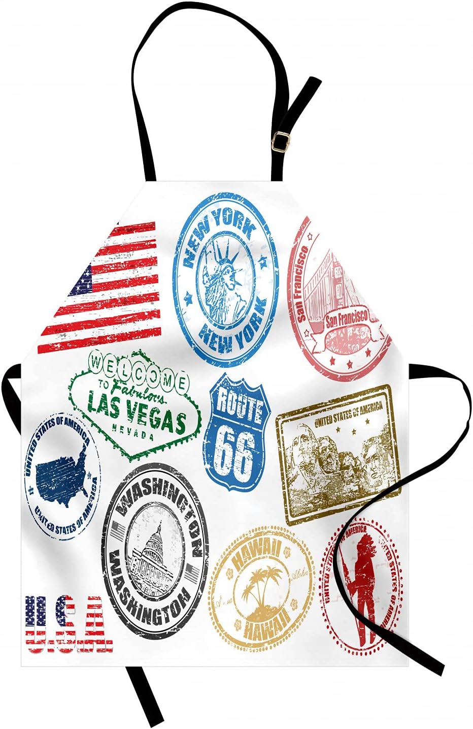 Ambesonne United States Apron, Grunge Stamps of America Las Vegas New York San Francisco Hawaii Illustration, Unisex Kitchen Bib with Adjustable Neck for Cooking Gardening, Adult Size, Ruby White,