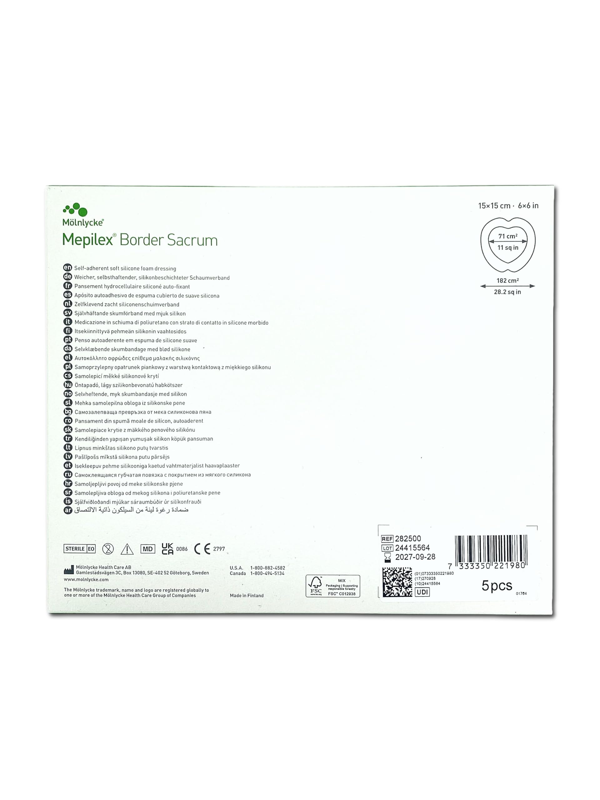 Mölnlycke Mepilex Border Sacrum 15x15 cm | Medicazione in Schiuma di Silicone a 5 Strati per Ulcere da Pressione | Tecnologia Safetac | 5 Pezzi.
