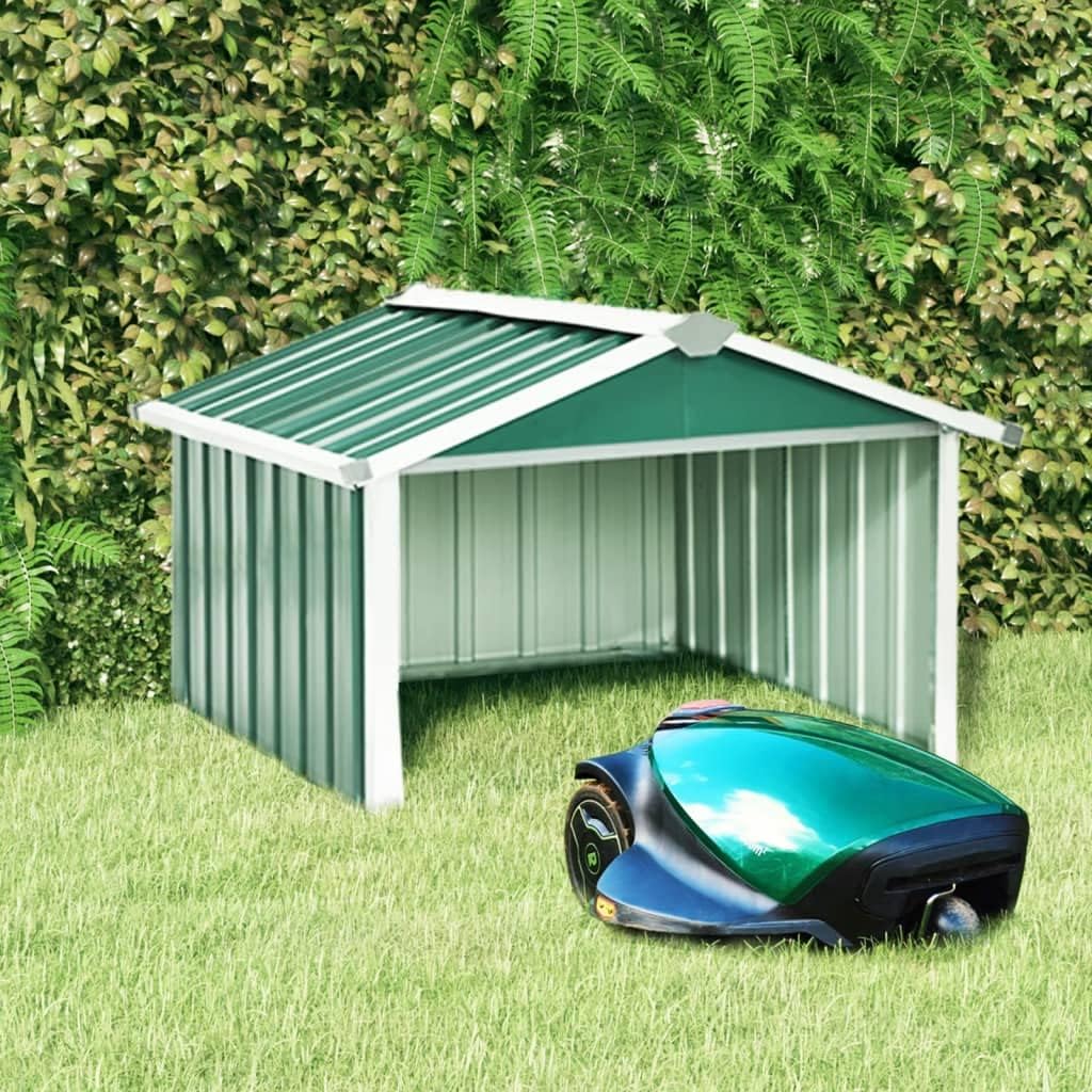 Robotic lawn mower entering the shelter in a garden setting