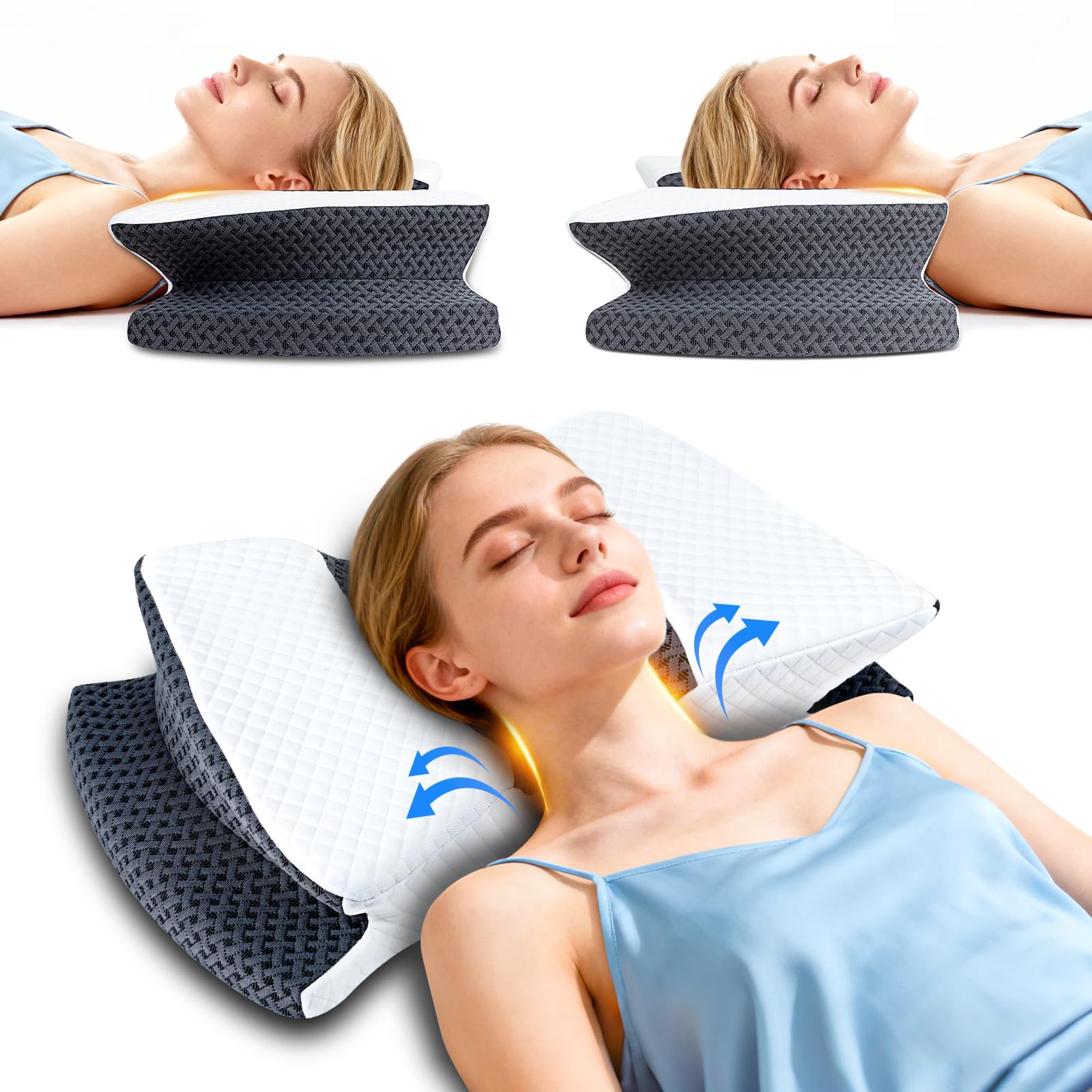 SAHEYER Cuscino Cervicale Ergonomico per il Collo, Cuscino in memory foam, Cuscino Ortopedico per chi dorme di lato, sulla schiena e sulla pancia, Grigio, 60x39x11/9cm