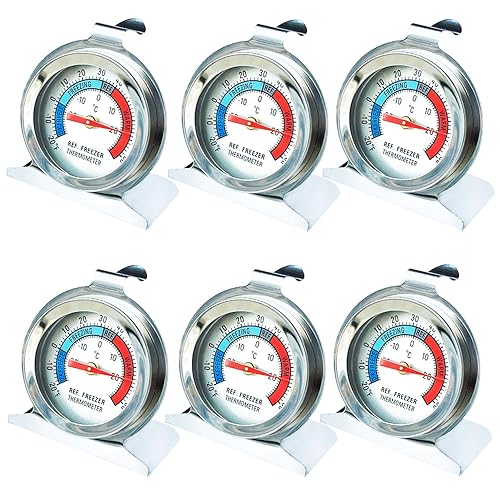 Paquete de 6 termómetros para refrigerador y congelador, serie clásica, termómetro de esfera grande de acero inoxidable para refrigerador