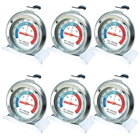 6 Pack Refrigerator Freezer Thermometer, Classic Series Stainless Steel Large Dial Thermometer for Refrigerator Fridge Freezer Cooler