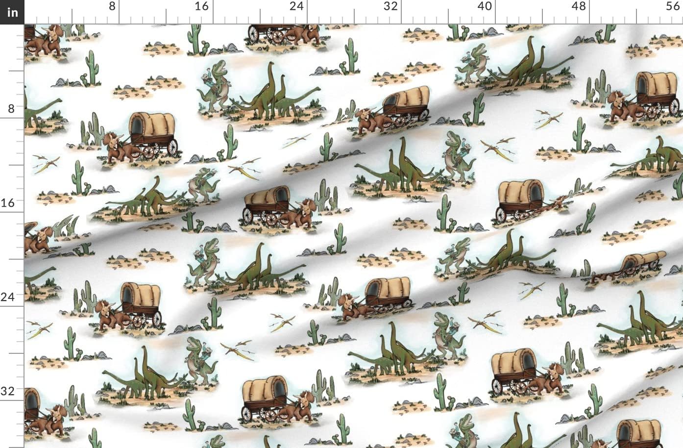 Spoonflower Fabric - Cowboy Prehistoric Western Paleontologist Whimsical Cactus Cacti Printed on Organic Cotton Sateen Fabric by The Yard - Sewing Quilting Apparel Home Decor