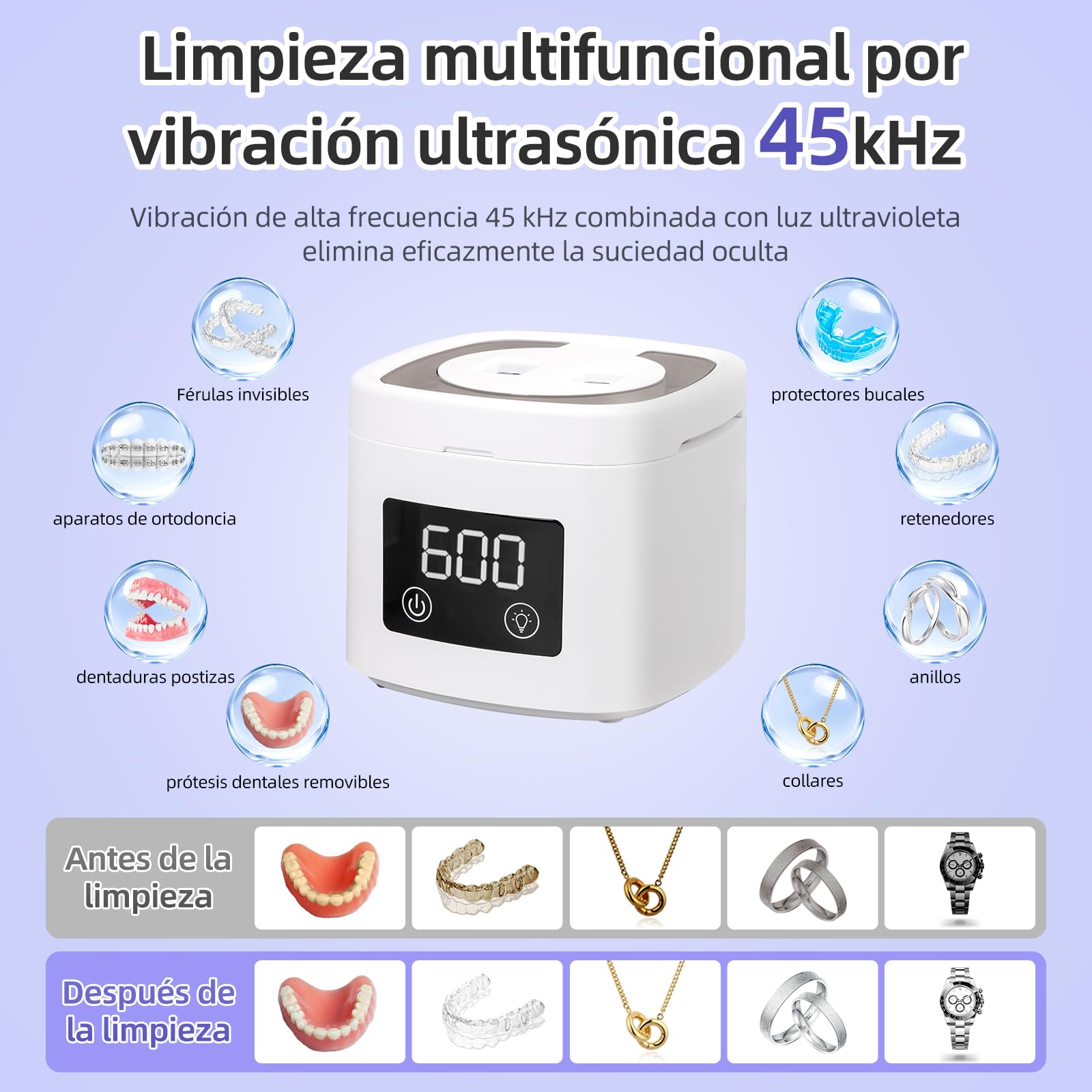 Limpiador Ultrasónico Dental y Dental Pod UV-C - 45kHz Máquina de Ultrasonidos para Férulas, Retenedores, Alineadores Invisibles y Prótesis - 200ml Limpiador de Dentaduras con Cesta y Pinzas (Joyas)