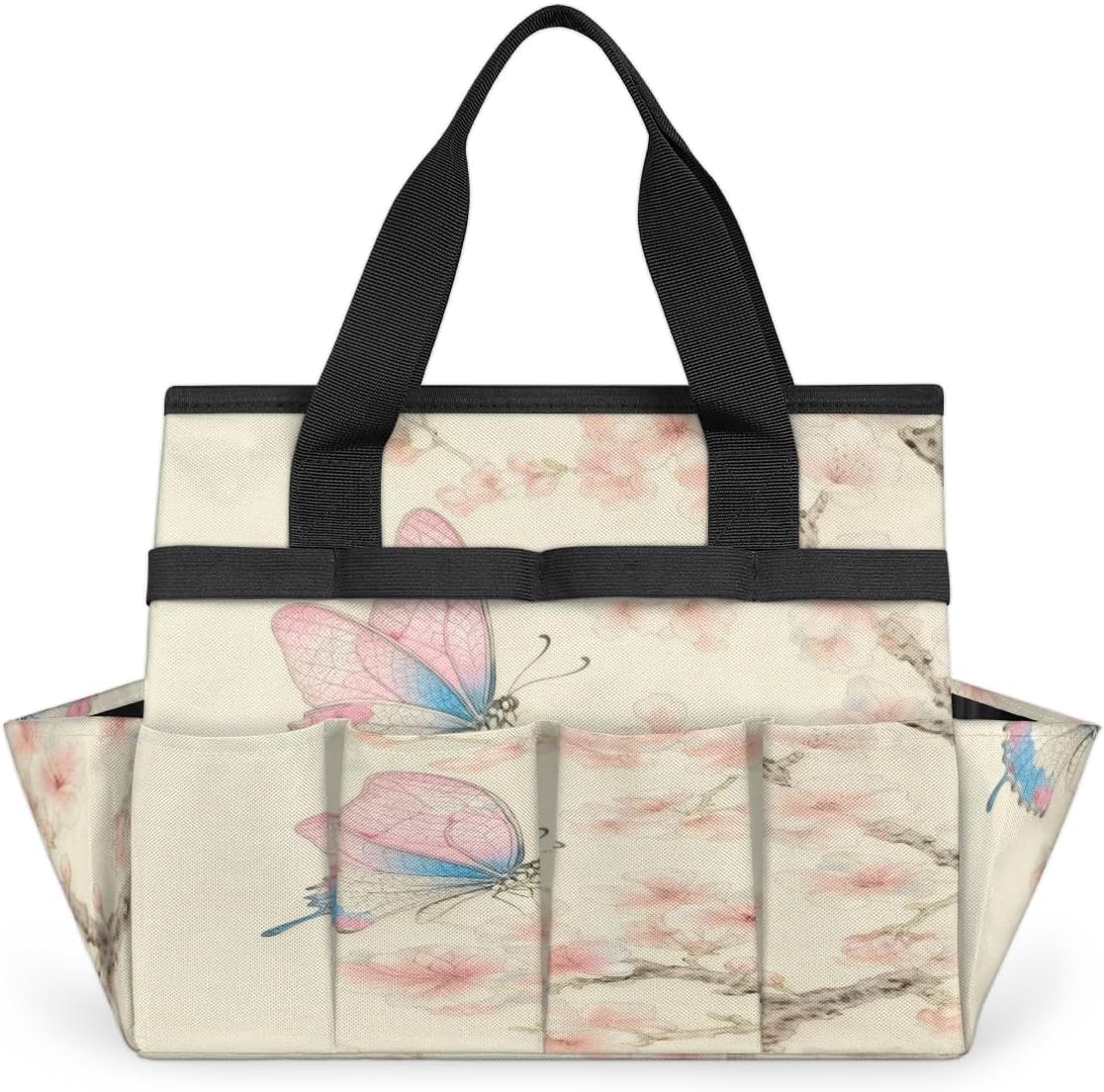 Colorful Butterfly Flowers Garden Tool Bag, Heavy Duty Gardening Tote Bag with 10 Pockets,Standable Garden Home Tool Kits Organizer,Gardening bag for women Men Indoor and Outdoor Gardening.