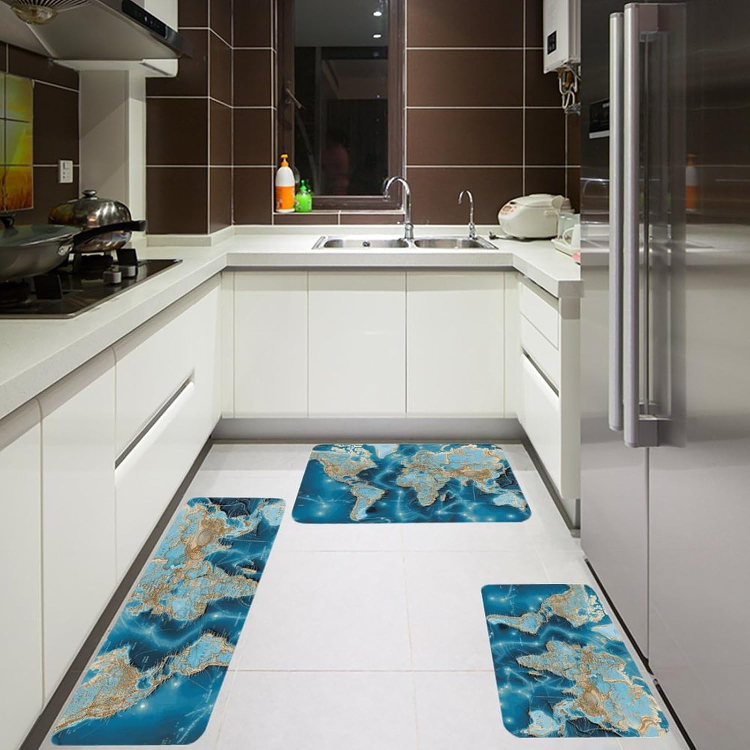 World Map Kitchen Mats for Floor 3 Pcs Kitchen Rugs
