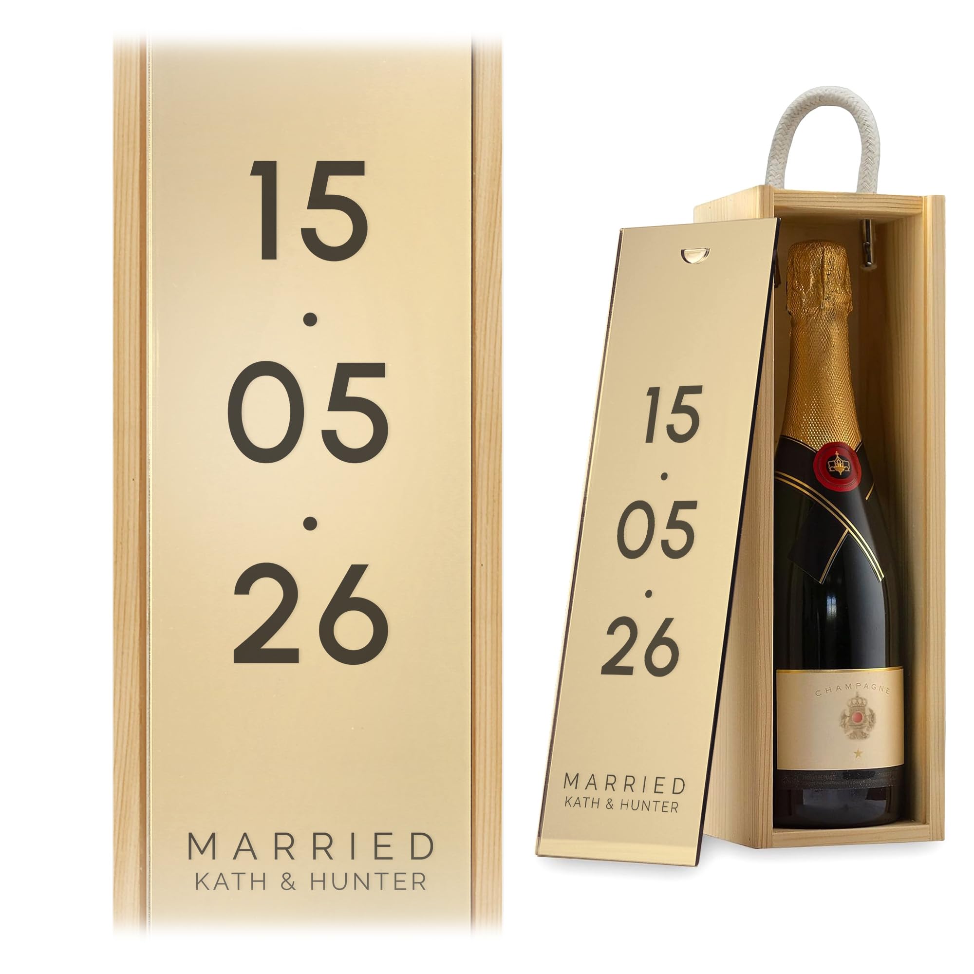 A1 Graphics Ltd Natural Box/Gold Mirror Lid Custom Date Wine Gift Box Engagement Custom Printed Personalised Wedding Present Retirement Valentines Anniversary Engagement Gift ()