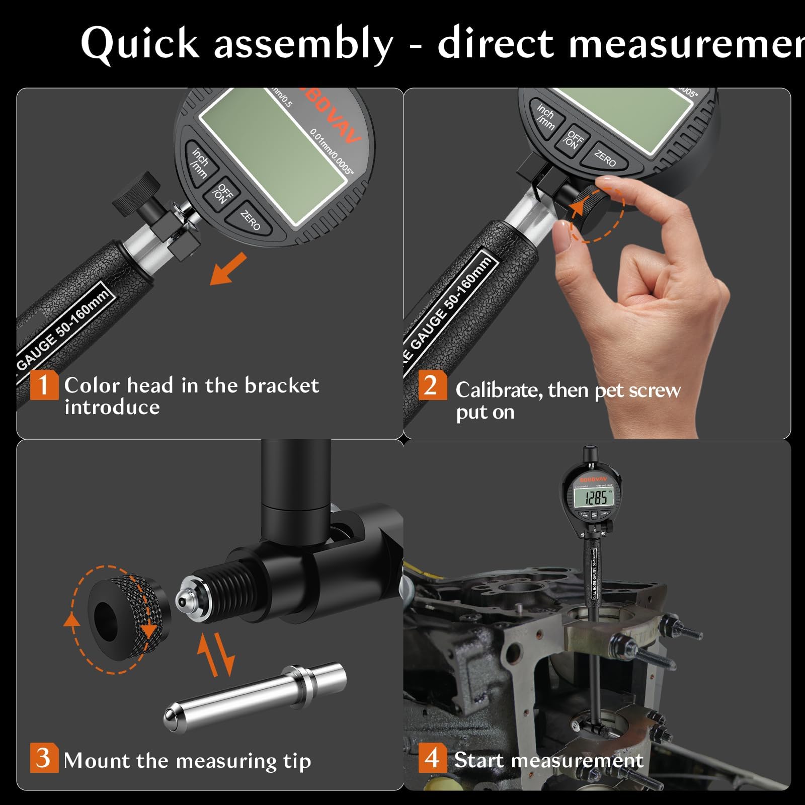 Calibrador de Orificios Digital 50-160 mm, Reloj Comparador Interior Precisión 0,01 mm, Profundidad 150 mm, 12 Cabezales de Medición con Estuche ABS