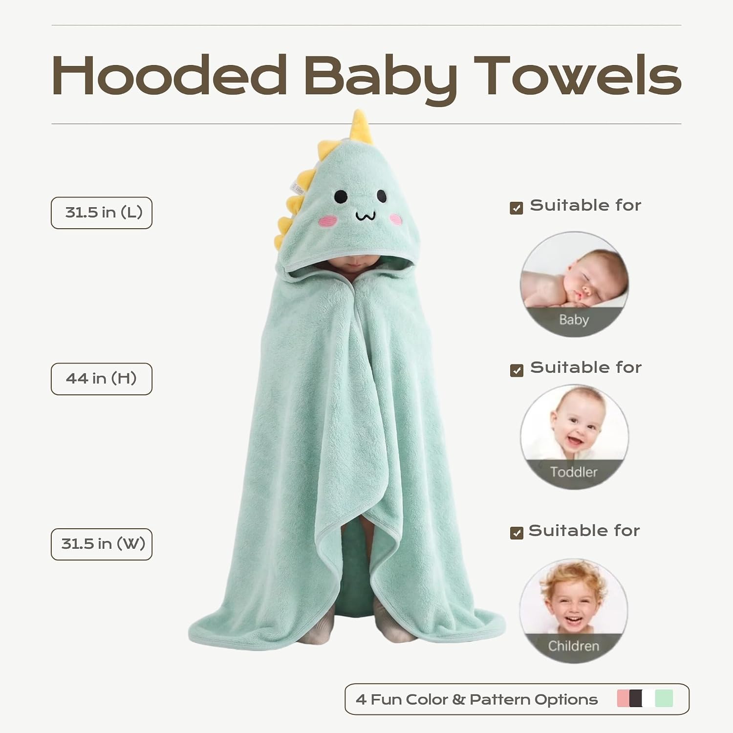 12-Piece Baby Towel Set – 4 Hooded Bath Towels (31"x31") + 8 Washcloths (10"x10") – Soft & Absorbent for Newborns, Infants, Toddlers & Kids – Unisex Gift for Baby Boy or Girl