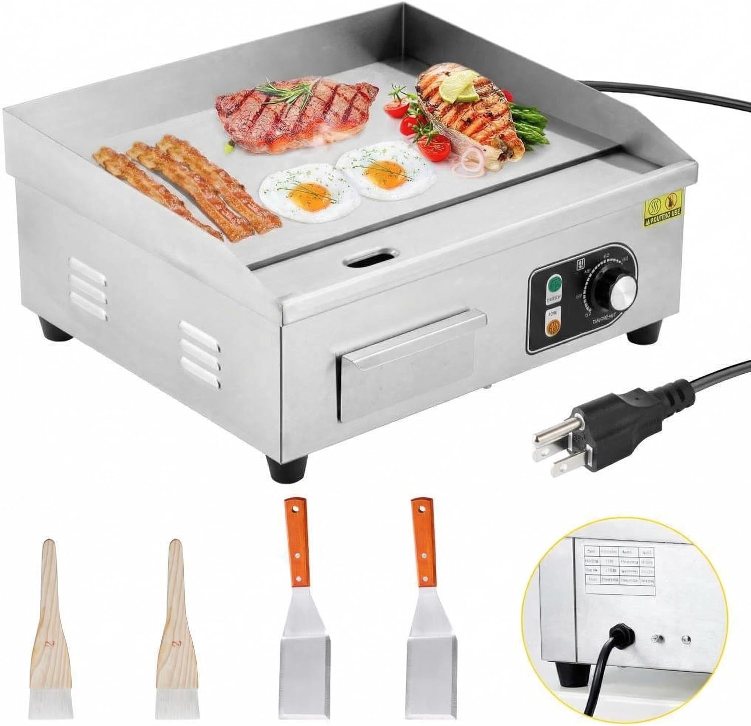 18" 1500W Stainless Steel Electric Griddle, Commercial Countertop Flat Top Grill with Adjustable 122–572°f Thermostat, Includes 2 Spatulas & Cleaning Brushes, Plug-in Grill for Indoor/Outdoor Cooking