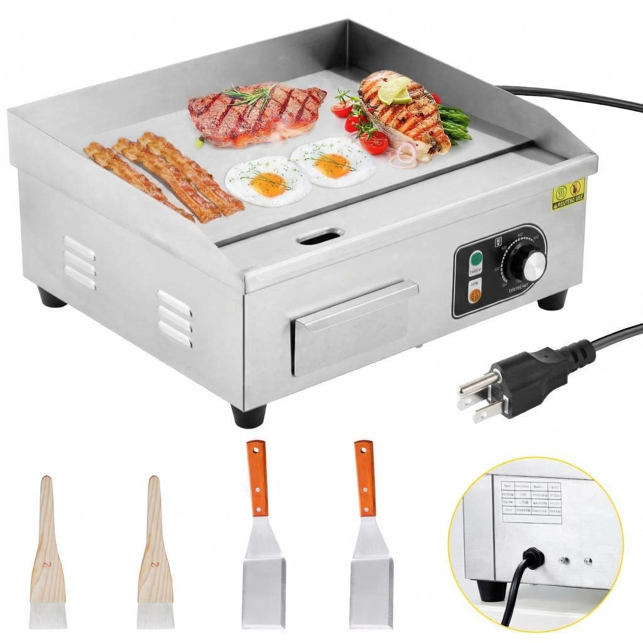 Photo 1 of 18" 1500W Stainless Steel Electric Griddle, Commercial Countertop Flat Top Grill with Adjustable 122–572°f Thermostat, Includes 2 Spatulas & Cleaning Brushes, Plug-in Grill for Indoor/Outdoor Cooking