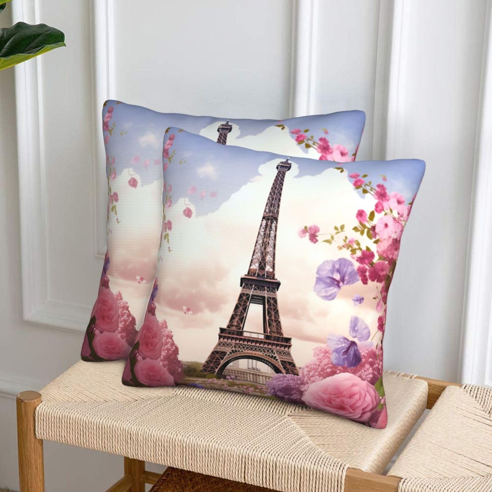 NONHAI Decorative Throw Pillow Covers Set of 2, 20"x20" Square Cushion Case Soft Comfy Eiffel Tower Spring Flowers Throw Pillows for Couch Cushion Livingroom Farmhouse Home Decor Pillowcases