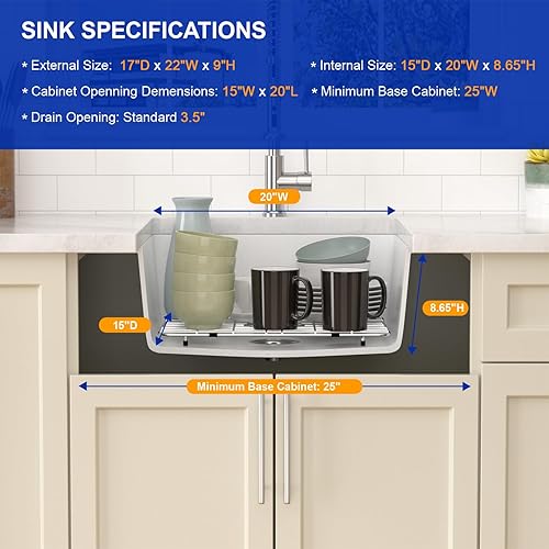 Miniatura 4 de Dcolora Fregadero de barra húmeda de montaje inferior de 22 pulgadas fregadero de cocina moderno de granito blanco compuesto de preparación profunda