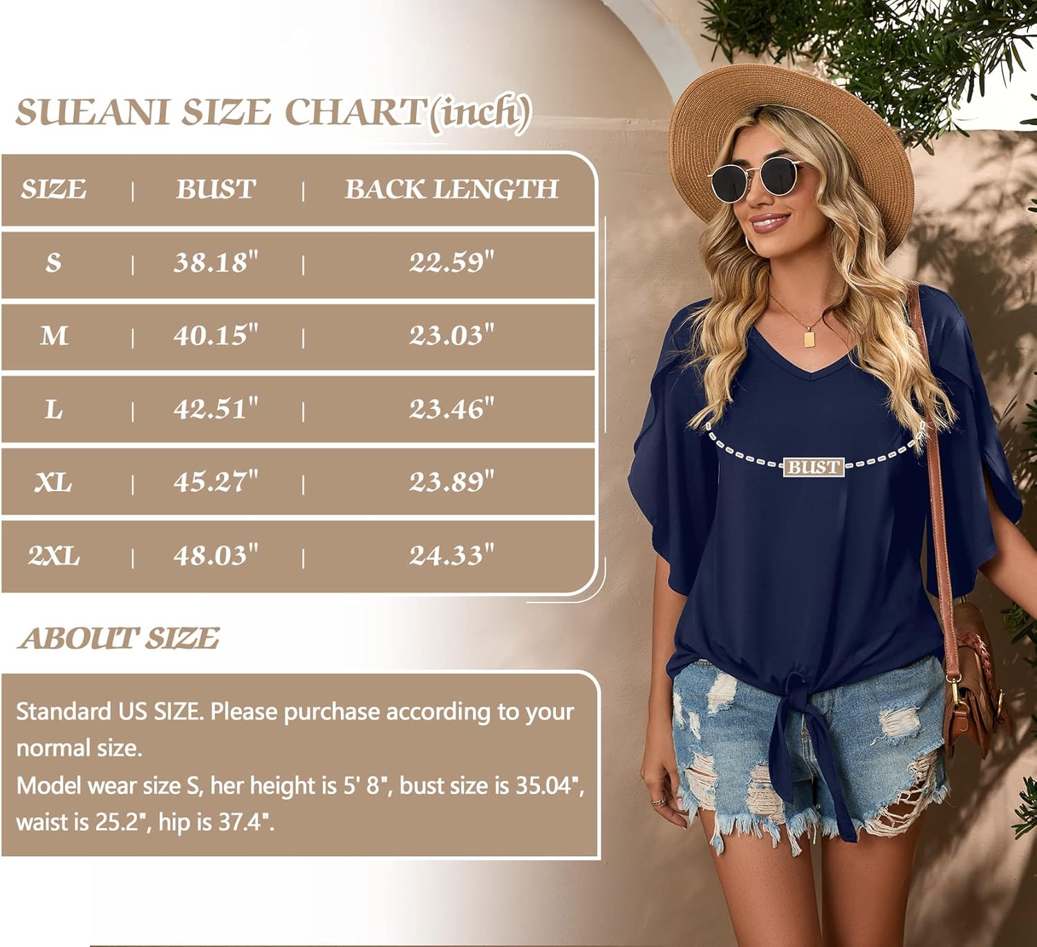 SUEANI Women's Tie Front Blouses V Neck 3/4 Split Sleeve Summer Knot Tops T Shirts - Image 6